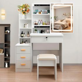 This vanity table features a mirror and three color lighting modes. It has four drawers, open shelving, a movable mirror