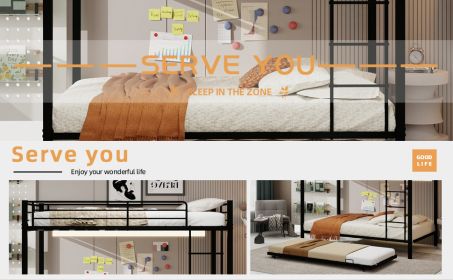 Durable Square Tube Iron Bunk Bed Featuring Safety Rails, Modern Minimalist Look, Ideal for Kids Room, Guest Room or Shared Space