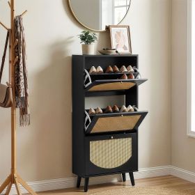 Rattan-fronted 3-tier shoe cabinet, particleboard, 54*24*135 cm, black