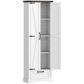 71" Pantry Cabinet, Kitchen Storage Cabinet with Adjustable Shelves, Barn Doors and Drawer for Dining Room, White