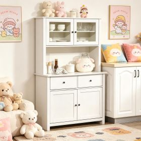 Antique White 63.5'' Kitchen Buffet with Hutch Pantry Storage Cabinet 4 Shelves Drawers Framed Glass Doors Open Microwave Countertop
