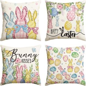 Happy Easter Rabbit Easter Eggs Colorful Flowers Throw Pillow Covers