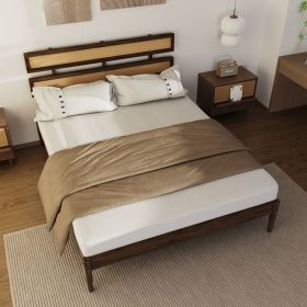 Double rattan woven headboard, Bohemian style, painted finish, pine wood, dark walnut color, Queen size wooden bed