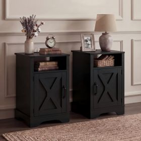 Farmhouse Nightstand Set of 2 with Charging Station, Wooden End Table, Black Rustic Night Stand with Storage Cabinet and Shelf