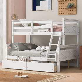 Twin over Full Bunk Bed with Ladder, Two Storage Drawers, Safety Guardrail, White