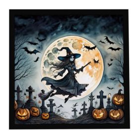 Flying Witch Spooky Halloween Framed Metal Print Bathroom, Kitchen, Office, Home Decor Wall Art Ready to Hang, Square, 8X8