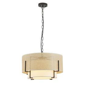 19.7in  Farmhouse Boho Chandelier,4-Light Hand Woven Rattan Pendant Light With Fabric Shade Rustic Drum Chandelier For Dining Room Kitchen Bedroo (Option: Default)