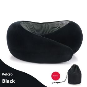 Soft Memory Foam Travel Neck Pillow U Shape Adjustable Support Comfortably Sleeping On Plane Car Office Noon Break (Option: Deep Black Velcro Style-1PC)