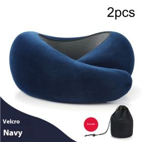 Soft Memory Foam Travel Neck Pillow U Shape Adjustable Support Comfortably Sleeping On Plane Car Office Noon Break (Option: Navy Blue Velcro Style-2PCS)