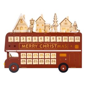 Christmas Advent Calendar, Light Up Table Xmas Wooden Bus Holiday Decoration with Countdown Drawer, Santa Claus Street House, for Kids and Adults (Option: Red-480x125x365 mm)