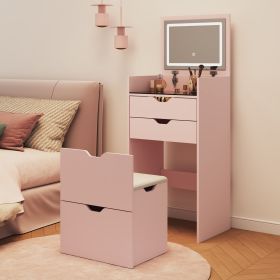 Dressing Table and Stool, 3-in-1 Multifunctional Dressing Table Set, Featuring Three-color Lighting Modes, HD Mirror, Two Sliding Drawers (Color: Pink)