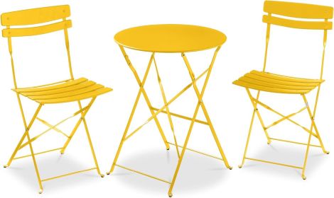 3-Piece Bistro Set, Space Saving Folding Design, Solid Steel, Outdoor Patio Furniture Set w/ 2 Chairs, Bistro Table (Color: Yellow)
