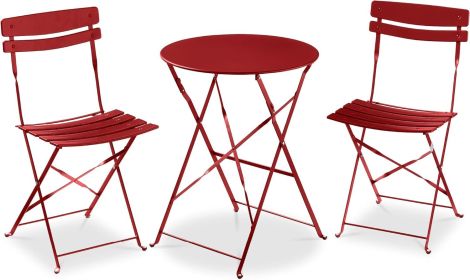 3-Piece Bistro Set, Space Saving Folding Design, Solid Steel, Outdoor Patio Furniture Set w/ 2 Chairs, Bistro Table (Color: Red)