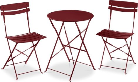 3-Piece Bistro Set, Space Saving Folding Design, Solid Steel, Outdoor Patio Furniture Set w/ 2 Chairs, Bistro Table (Color: Burgundy)