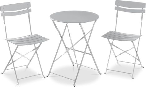 3-Piece Bistro Set, Space Saving Folding Design, Solid Steel, Outdoor Patio Furniture Set w/ 2 Chairs, Bistro Table (Color: Grey)