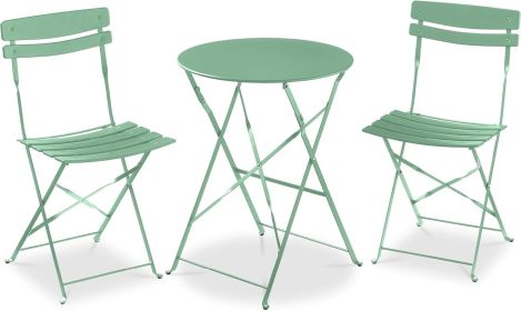 3-Piece Bistro Set, Space Saving Folding Design, Solid Steel, Outdoor Patio Furniture Set w/ 2 Chairs, Bistro Table (Color: Sage)