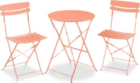 3-Piece Bistro Set, Space Saving Folding Design, Solid Steel, Outdoor Patio Furniture Set w/ 2 Chairs, Bistro Table (Color: Coral)