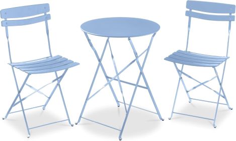 3-Piece Bistro Set, Space Saving Folding Design, Solid Steel, Outdoor Patio Furniture Set w/ 2 Chairs, Bistro Table (Color: Light Blue)