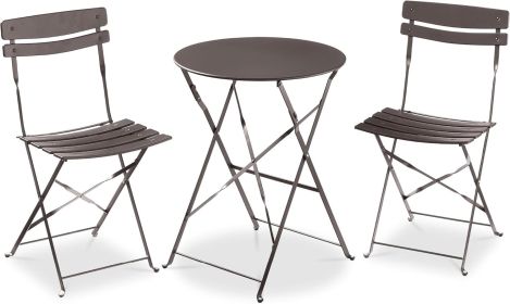 3-Piece Bistro Set, Space Saving Folding Design, Solid Steel, Outdoor Patio Furniture Set w/ 2 Chairs, Bistro Table (Color: Taupe)