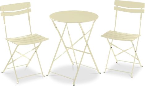 3-Piece Bistro Set, Space Saving Folding Design, Solid Steel, Outdoor Patio Furniture Set w/ 2 Chairs, Bistro Table (Color: Cream)