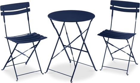 3-Piece Bistro Set, Space Saving Folding Design, Solid Steel, Outdoor Patio Furniture Set w/ 2 Chairs, Bistro Table (Color: Navy)