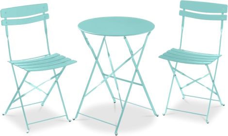 3-Piece Bistro Set, Space Saving Folding Design, Solid Steel, Outdoor Patio Furniture Set w/ 2 Chairs, Bistro Table (Color: Aqua Blue)