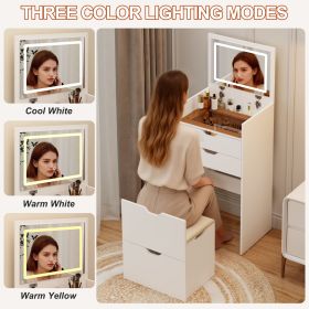 Dressing Table and Stool, 3-in-1 Multifunctional Dressing Table Set, Featuring Three-color Lighting Modes, HD Mirror, Two Sliding Drawers (Color: White)
