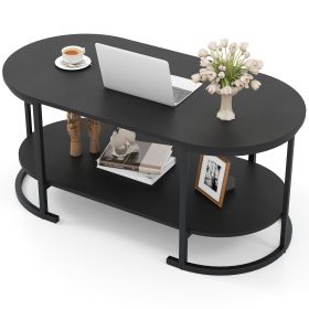 Oval Coffee Table 2-Tier Wooden Accent Table with Spacious Tabletop and Open Storage Shelf (Color: Black)
