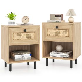 Rattan Nightstand Boho End Table with Rattan Drawer and Open Shelf Set of 2 (Color: Natural)