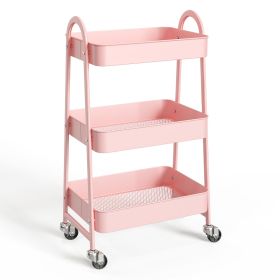 3/4-layer practical mobile trolley, metal movable storage rack, with lockable casters (Color: Pink, size: 3-layer)