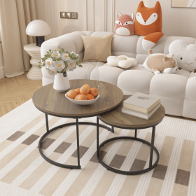 Nesting Coffee Table Set of 2, 27.6inch Round Coffee Table Industrial Wood Finish with Sturdy Metal Frame (Material: Wood+Metal, Color: Brown)