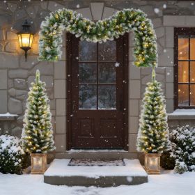 Artificial Christmas 3-Piece Set Wreath And Set Of 2 Entrance Trees X-mas With LED Lights Easy Assembly (Option: White Green)
